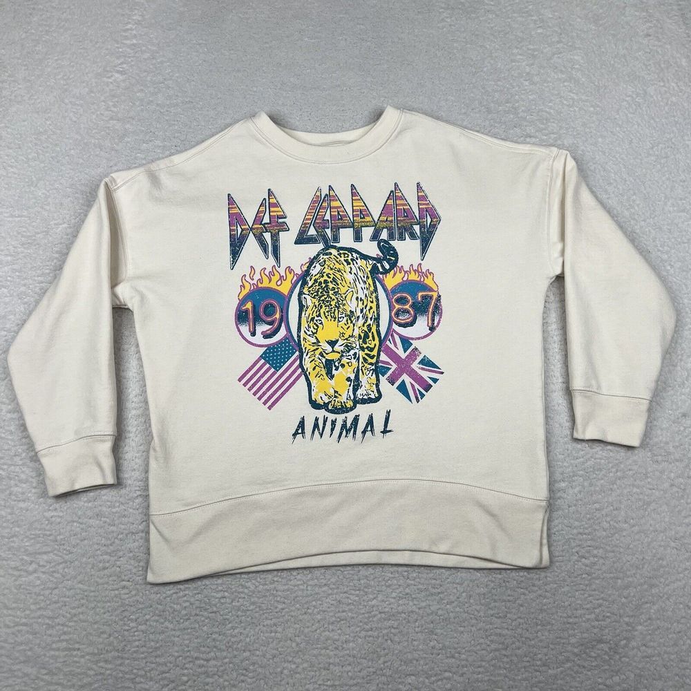 Def Leppard Sweatshirt Womens Small Ivory Animal Graphic Print 1987 Pullover